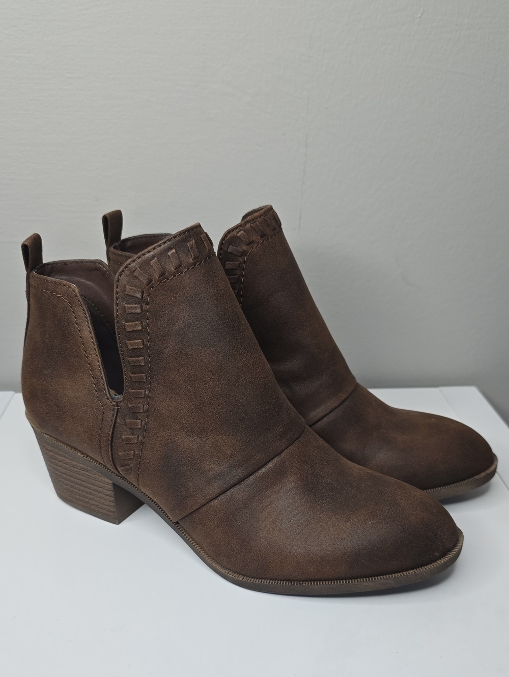 Rock & Candy Brown Suede Ankle Booties with Low Block Heel